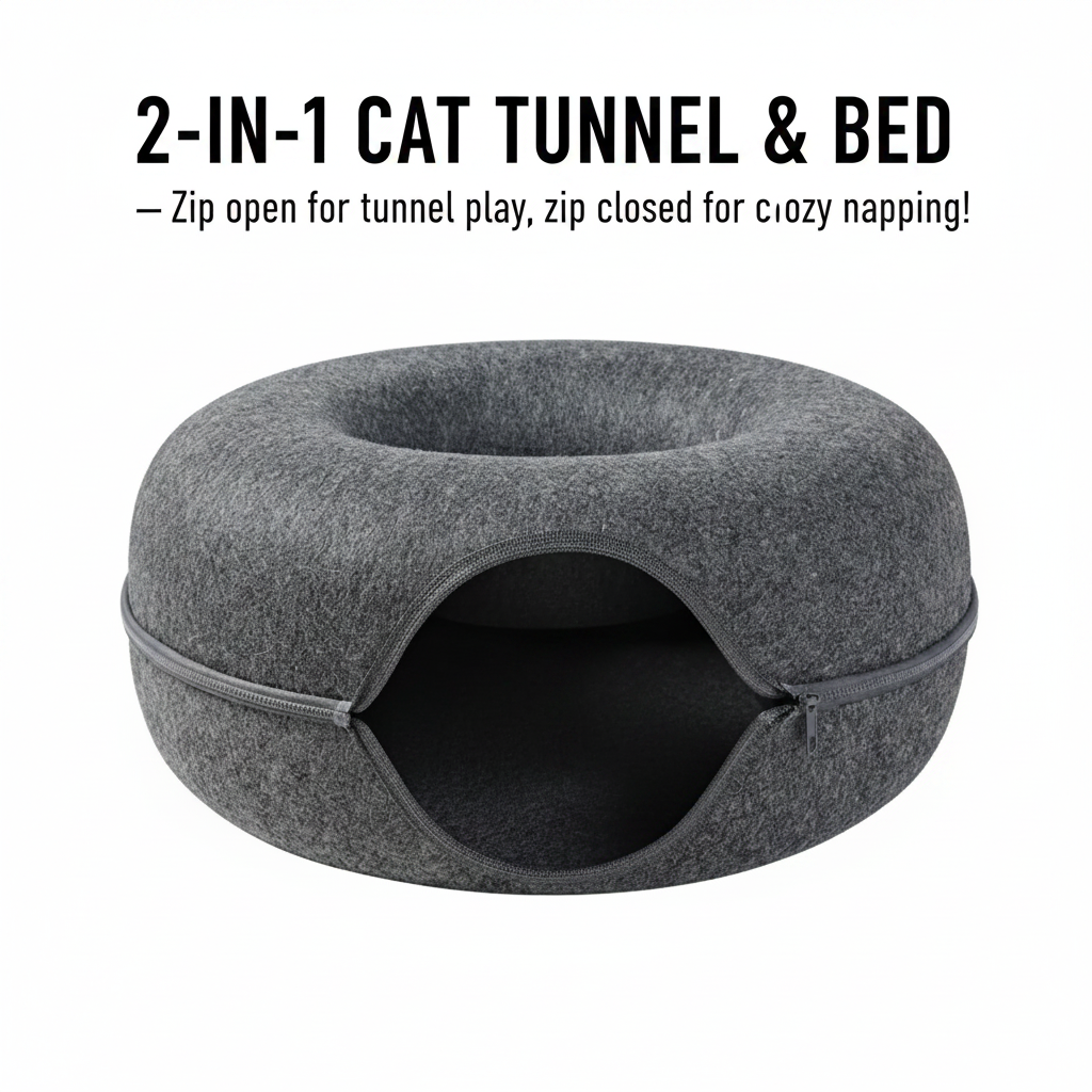 Donut Cat Tunnel Bed & Cave – Natural Felt Pet House with Interactive Toy for Cats