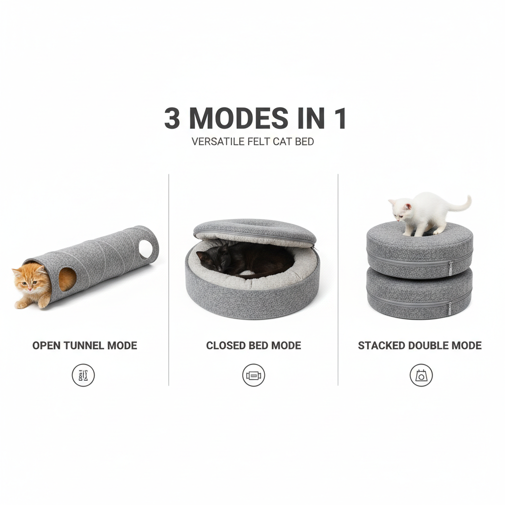 Donut Cat Tunnel Bed & Cave – Natural Felt Pet House with Interactive Toy for Cats