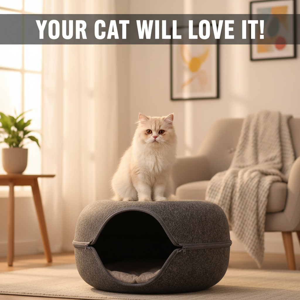 Donut Cat Tunnel Bed & Cave – Natural Felt Pet House with Interactive Toy for Cats