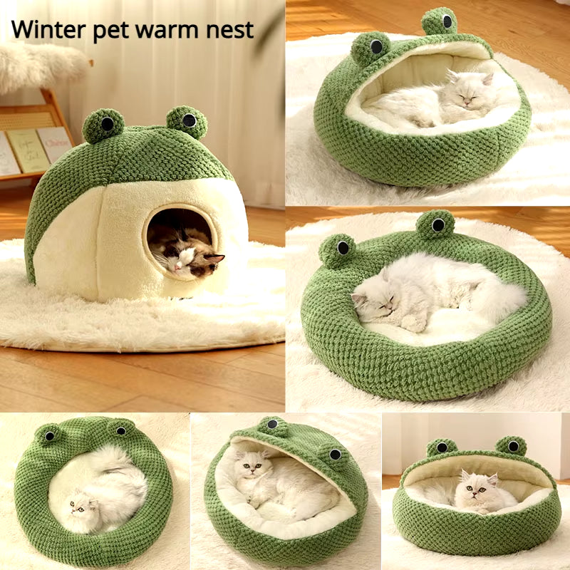 Frog-Shaped Plush Pet Nest – Warm Winter Dog Den & Cat Villa Semi-Enclosed Kitten Puppy House