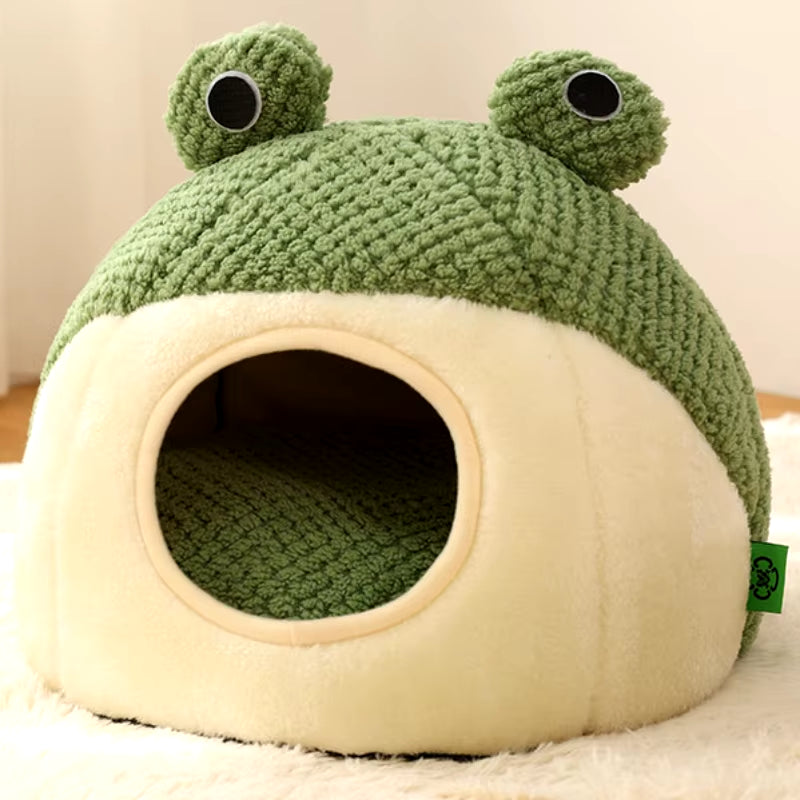 Frog-Shaped Plush Pet Nest – Warm Winter Dog Den & Cat Villa Semi-Enclosed Kitten Puppy House