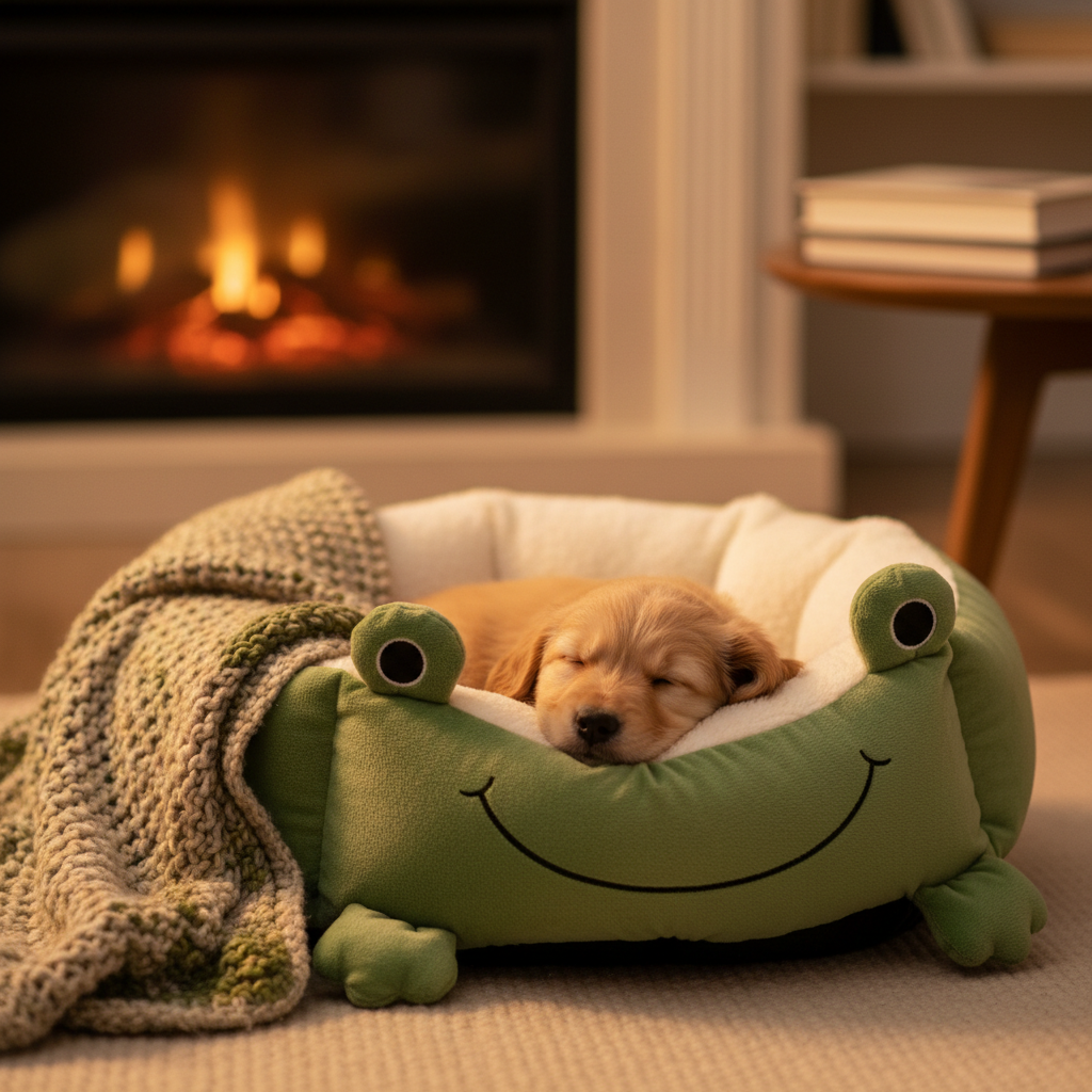 Frog-Shaped Plush Pet Nest – Warm Winter Dog Den & Cat Villa Semi-Enclosed Kitten Puppy House