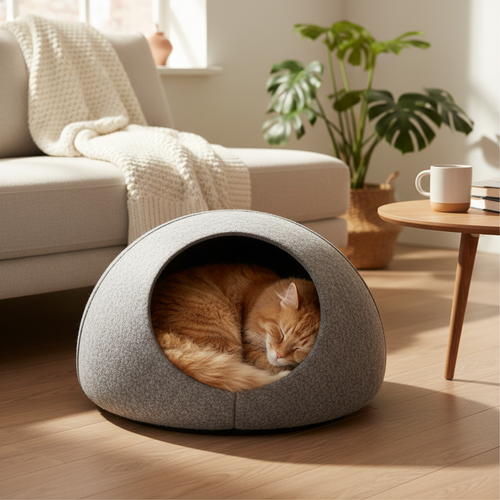 Donut Cat Tunnel Bed & Cave – Natural Felt Pet House with Interactive Toy for Cats