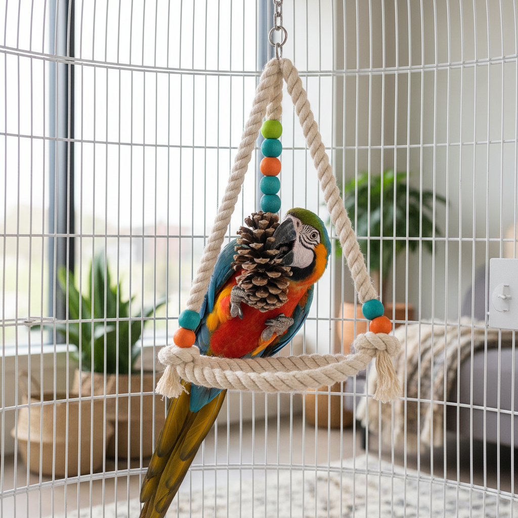 Large Parrot Chewing & Climbing Swing Toy – Natural Pine Cone Bird Cage Hanging Toy for Lovebirds & Cockatoos