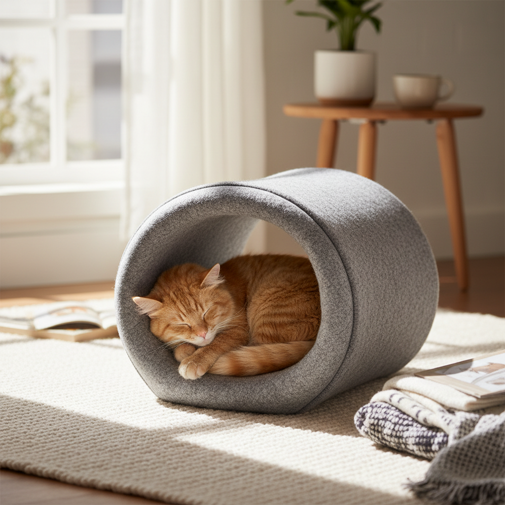 Donut Cat Tunnel Bed & Cave – Natural Felt Pet House with Interactive Toy for Cats