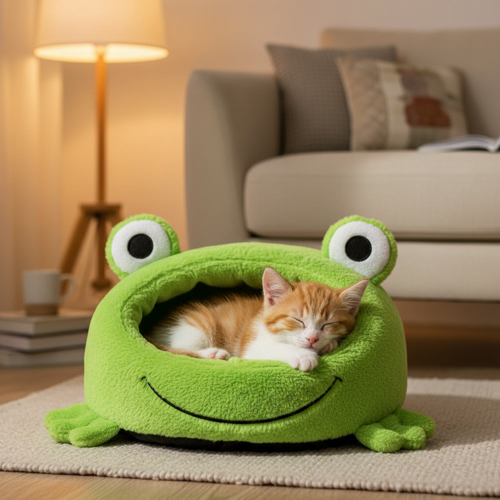 Frog-Shaped Plush Pet Nest – Warm Winter Dog Den & Cat Villa Semi-Enclosed Kitten Puppy House