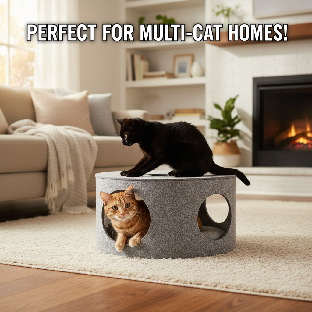 Donut Cat Tunnel Bed & Cave – Natural Felt Pet House with Interactive Toy for Cats