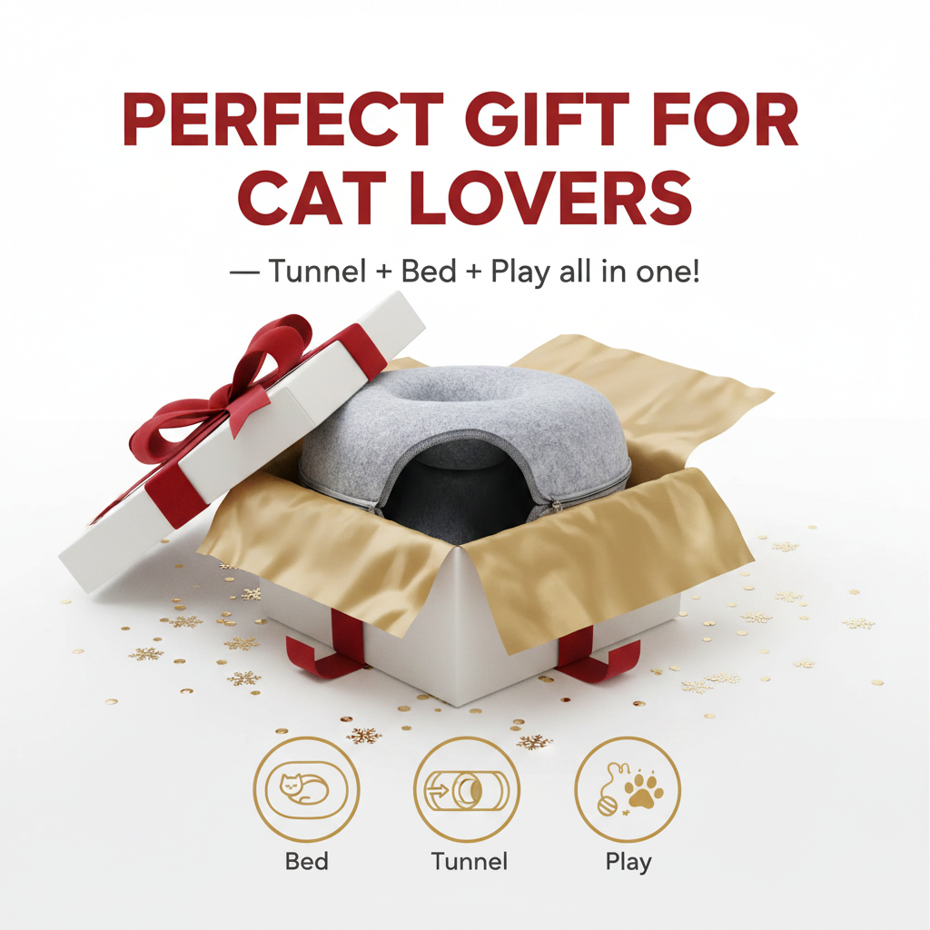 Donut Cat Tunnel Bed & Cave – Natural Felt Pet House with Interactive Toy for Cats