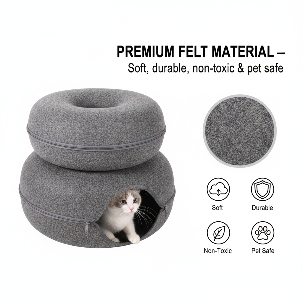 Donut Cat Tunnel Bed & Cave – Natural Felt Pet House with Interactive Toy for Cats