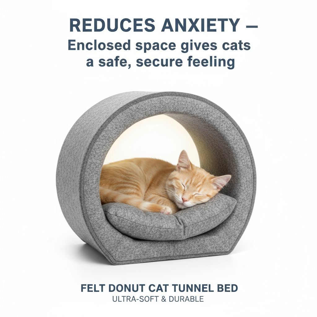 Donut Cat Tunnel Bed & Cave – Natural Felt Pet House with Interactive Toy for Cats