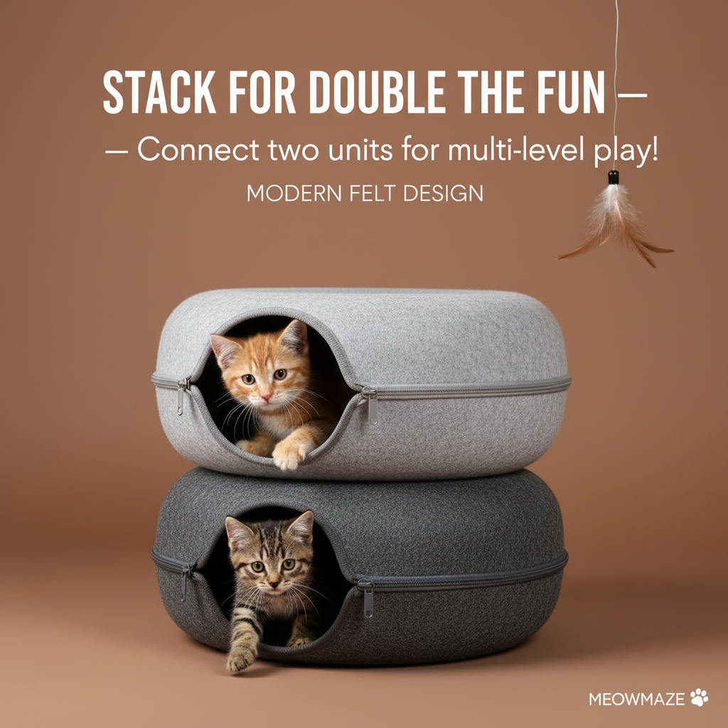 Donut Cat Tunnel Bed & Cave – Natural Felt Pet House with Interactive Toy for Cats