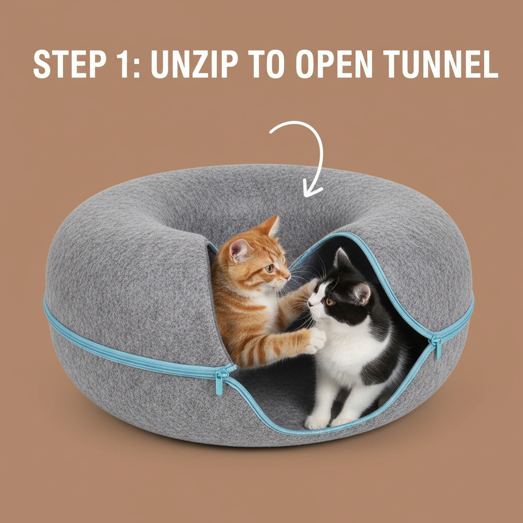 Donut Cat Tunnel Bed & Cave – Natural Felt Pet House with Interactive Toy for Cats