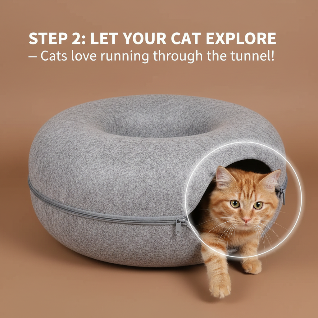 Donut Cat Tunnel Bed & Cave – Natural Felt Pet House with Interactive Toy for Cats
