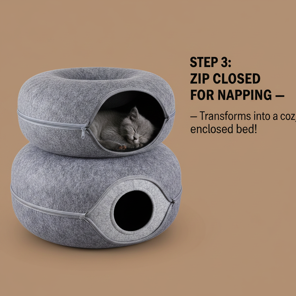 Donut Cat Tunnel Bed & Cave – Natural Felt Pet House with Interactive Toy for Cats