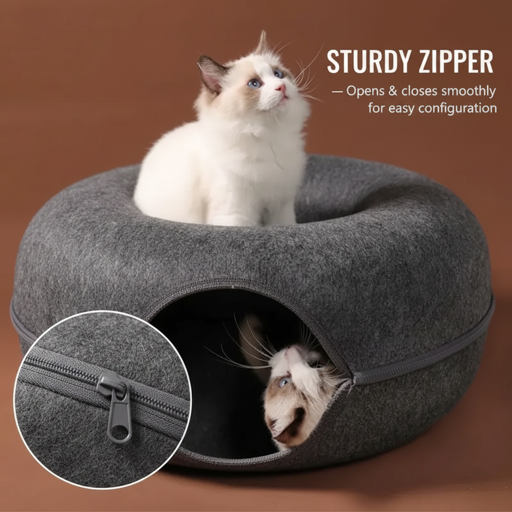 Donut Cat Tunnel Bed & Cave – Natural Felt Pet House with Interactive Toy for Cats